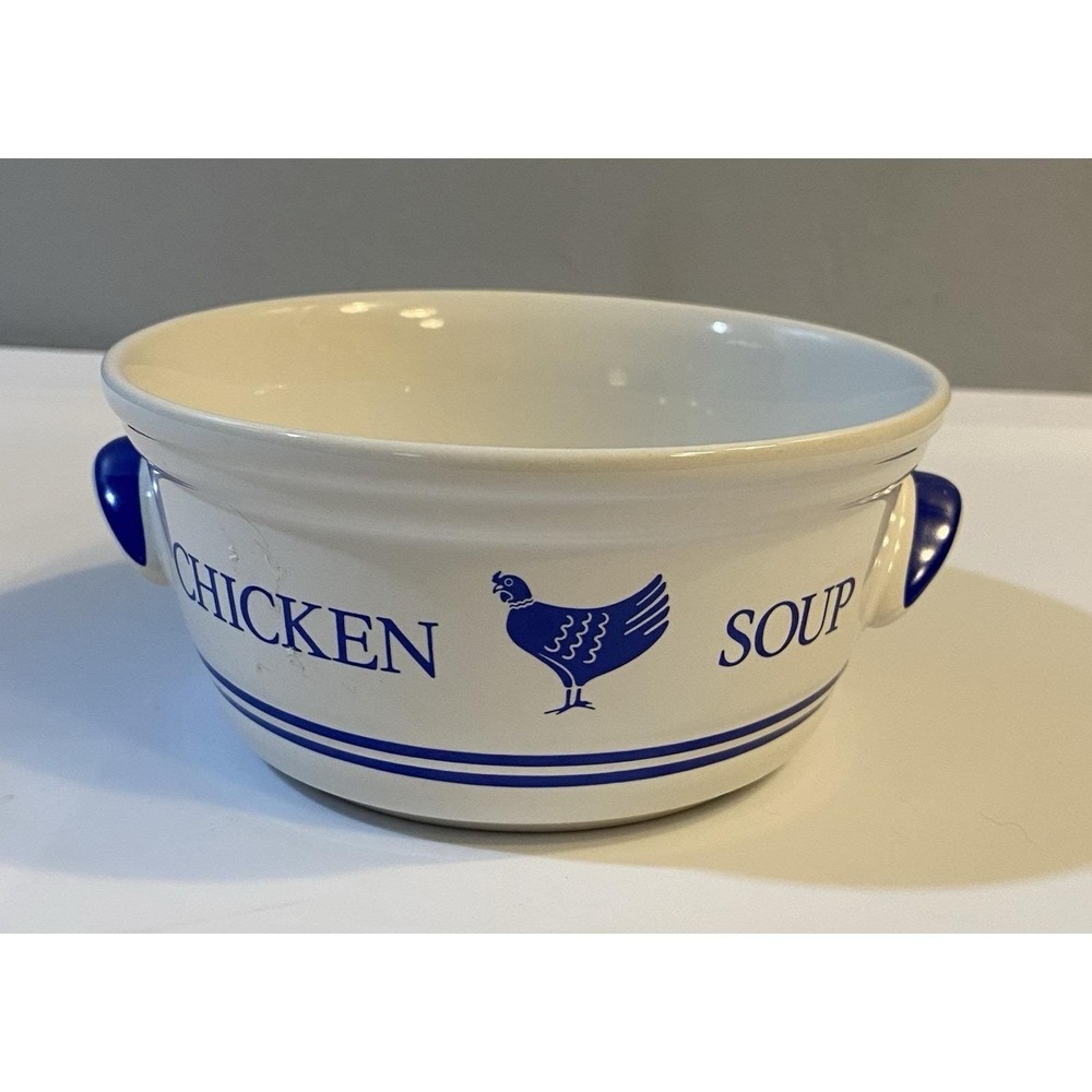 Vintage Chicken Soup Bowl FTDA 1985 Korea Ceramic Blue Handled Dish FTD